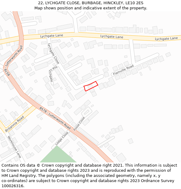 22, LYCHGATE CLOSE, BURBAGE, HINCKLEY, LE10 2ES: Location map and indicative extent of plot