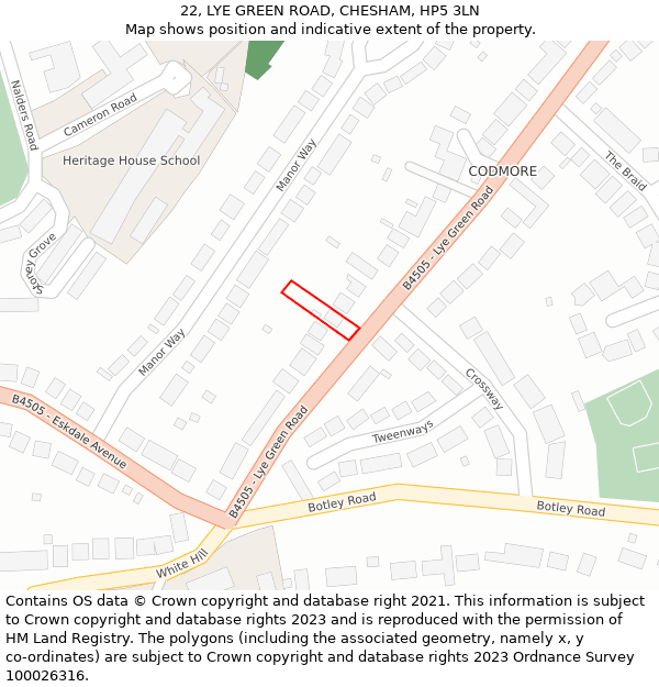 22, LYE GREEN ROAD, CHESHAM, HP5 3LN: Location map and indicative extent of plot