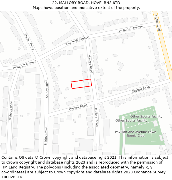 22, MALLORY ROAD, HOVE, BN3 6TD: Location map and indicative extent of plot