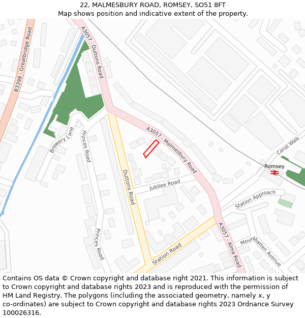 22, MALMESBURY ROAD, ROMSEY, SO51 8FT: Location map and indicative extent of plot