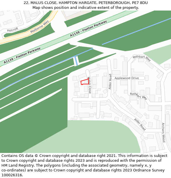 22, MALUS CLOSE, HAMPTON HARGATE, PETERBOROUGH, PE7 8DU: Location map and indicative extent of plot