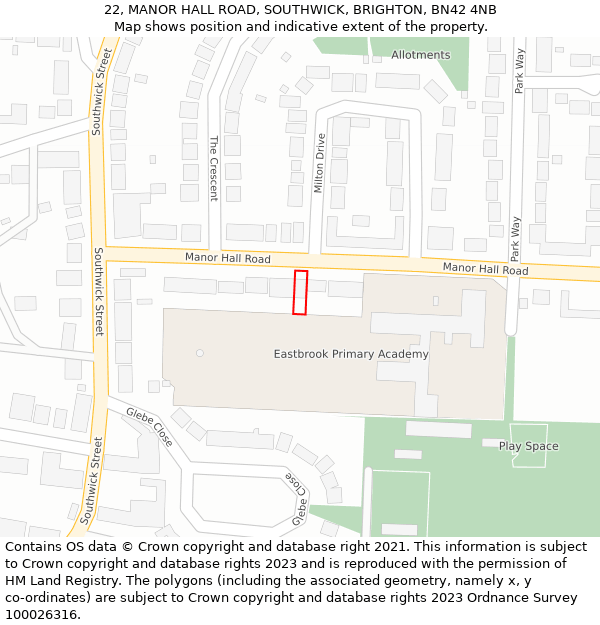 22, MANOR HALL ROAD, SOUTHWICK, BRIGHTON, BN42 4NB: Location map and indicative extent of plot