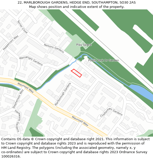 22, MARLBOROUGH GARDENS, HEDGE END, SOUTHAMPTON, SO30 2AS: Location map and indicative extent of plot