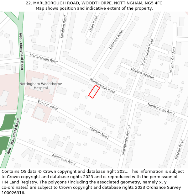 22, MARLBOROUGH ROAD, WOODTHORPE, NOTTINGHAM, NG5 4FG: Location map and indicative extent of plot