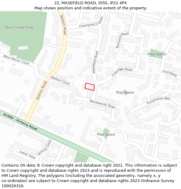 22, MASEFIELD ROAD, DISS, IP22 4PX: Location map and indicative extent of plot