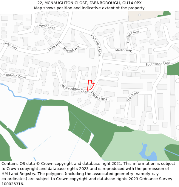 22, MCNAUGHTON CLOSE, FARNBOROUGH, GU14 0PX: Location map and indicative extent of plot