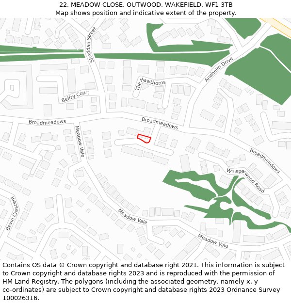 22, MEADOW CLOSE, OUTWOOD, WAKEFIELD, WF1 3TB: Location map and indicative extent of plot