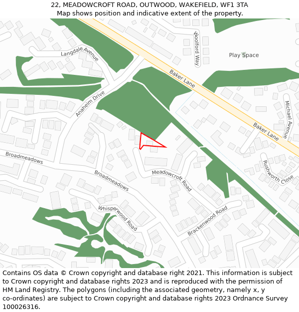 22, MEADOWCROFT ROAD, OUTWOOD, WAKEFIELD, WF1 3TA: Location map and indicative extent of plot