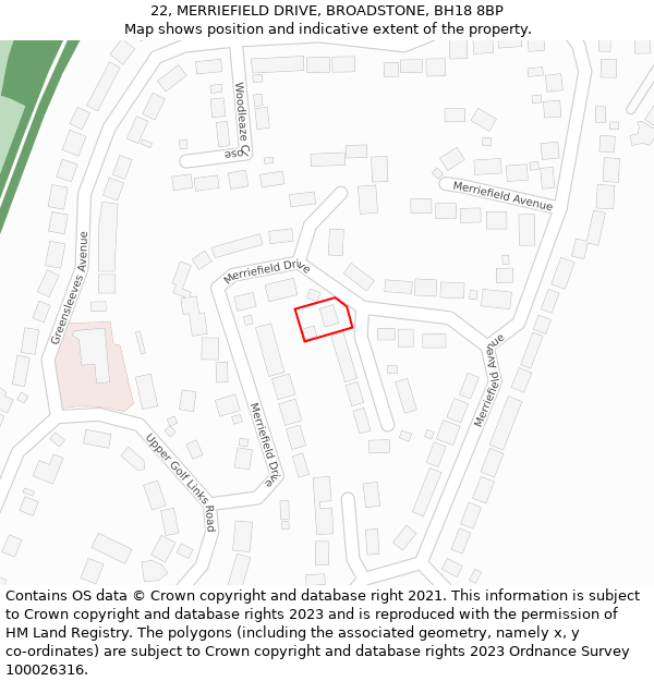 22, MERRIEFIELD DRIVE, BROADSTONE, BH18 8BP: Location map and indicative extent of plot