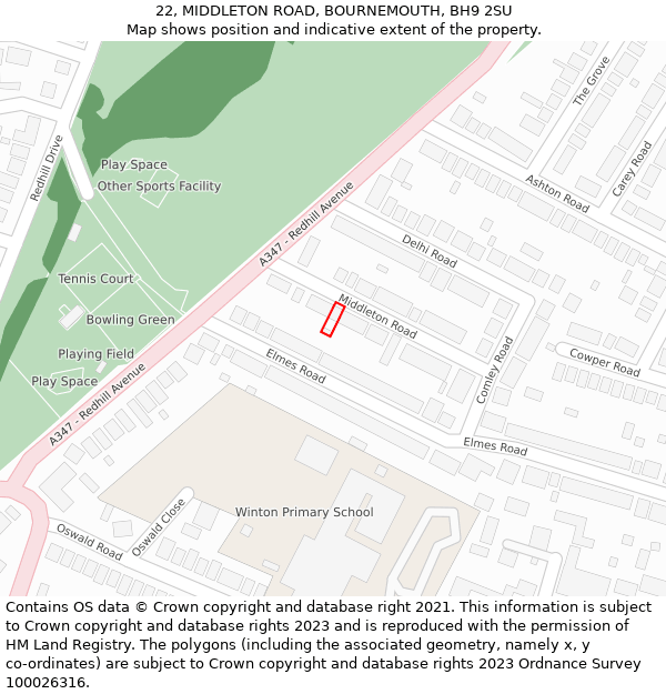 22, MIDDLETON ROAD, BOURNEMOUTH, BH9 2SU: Location map and indicative extent of plot