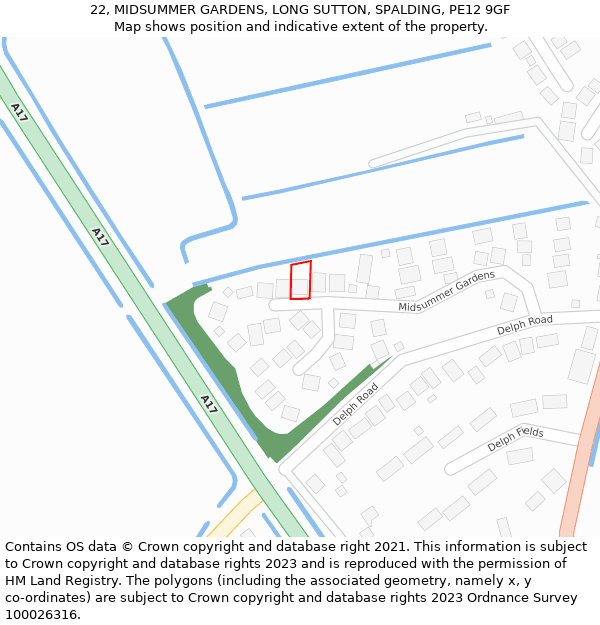 22, MIDSUMMER GARDENS, LONG SUTTON, SPALDING, PE12 9GF: Location map and indicative extent of plot