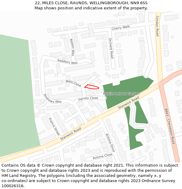 22, MILES CLOSE, RAUNDS, WELLINGBOROUGH, NN9 6SS: Location map and indicative extent of plot