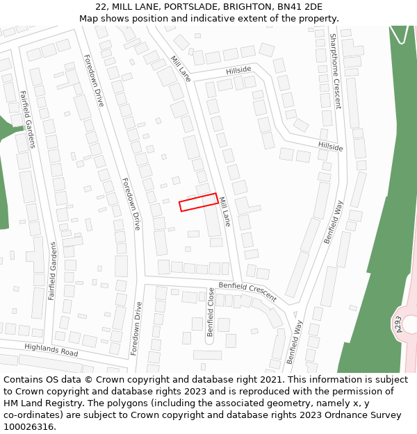 22, MILL LANE, PORTSLADE, BRIGHTON, BN41 2DE: Location map and indicative extent of plot
