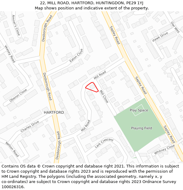 22, MILL ROAD, HARTFORD, HUNTINGDON, PE29 1YJ: Location map and indicative extent of plot