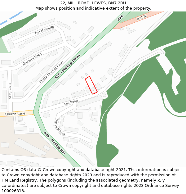 22, MILL ROAD, LEWES, BN7 2RU: Location map and indicative extent of plot