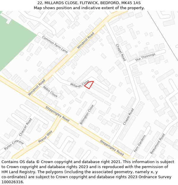 22, MILLARDS CLOSE, FLITWICK, BEDFORD, MK45 1AS: Location map and indicative extent of plot