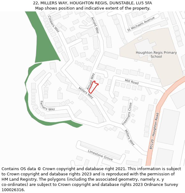 22, MILLERS WAY, HOUGHTON REGIS, DUNSTABLE, LU5 5FA: Location map and indicative extent of plot