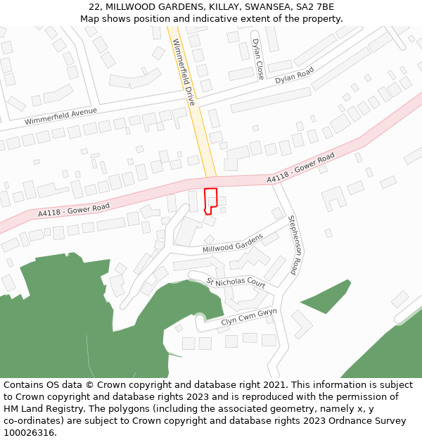 22, MILLWOOD GARDENS, KILLAY, SWANSEA, SA2 7BE: Location map and indicative extent of plot