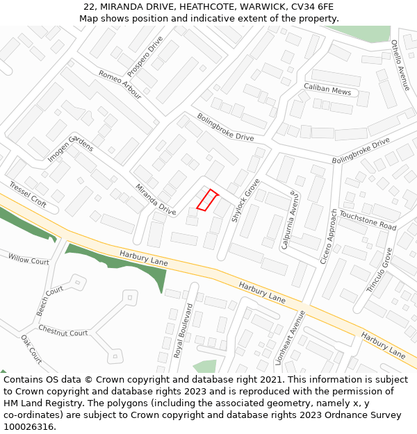 22, MIRANDA DRIVE, HEATHCOTE, WARWICK, CV34 6FE: Location map and indicative extent of plot