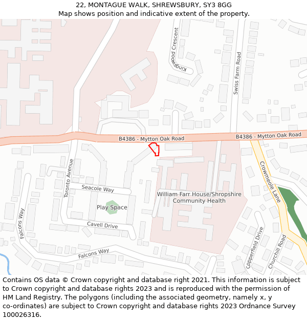 22, MONTAGUE WALK, SHREWSBURY, SY3 8GG: Location map and indicative extent of plot