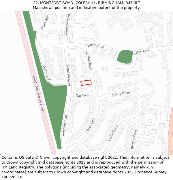 22, MONTFORT ROAD, COLESHILL, BIRMINGHAM, B46 3LT: Location map and indicative extent of plot