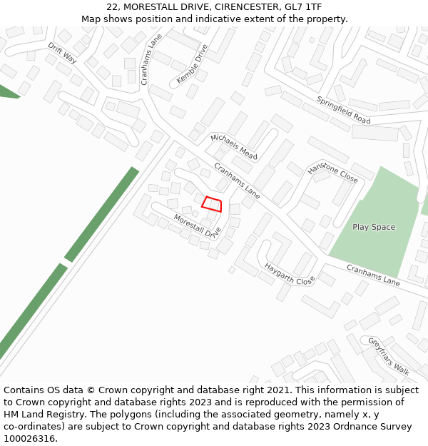 22, MORESTALL DRIVE, CIRENCESTER, GL7 1TF: Location map and indicative extent of plot