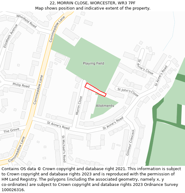 22, MORRIN CLOSE, WORCESTER, WR3 7PF: Location map and indicative extent of plot