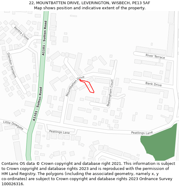 22, MOUNTBATTEN DRIVE, LEVERINGTON, WISBECH, PE13 5AF: Location map and indicative extent of plot