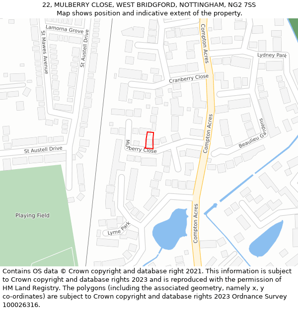 22, MULBERRY CLOSE, WEST BRIDGFORD, NOTTINGHAM, NG2 7SS: Location map and indicative extent of plot