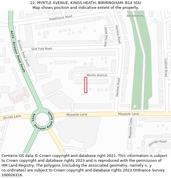 22, MYRTLE AVENUE, KINGS HEATH, BIRMINGHAM, B14 5DU: Location map and indicative extent of plot