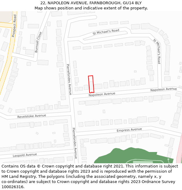 22, NAPOLEON AVENUE, FARNBOROUGH, GU14 8LY: Location map and indicative extent of plot