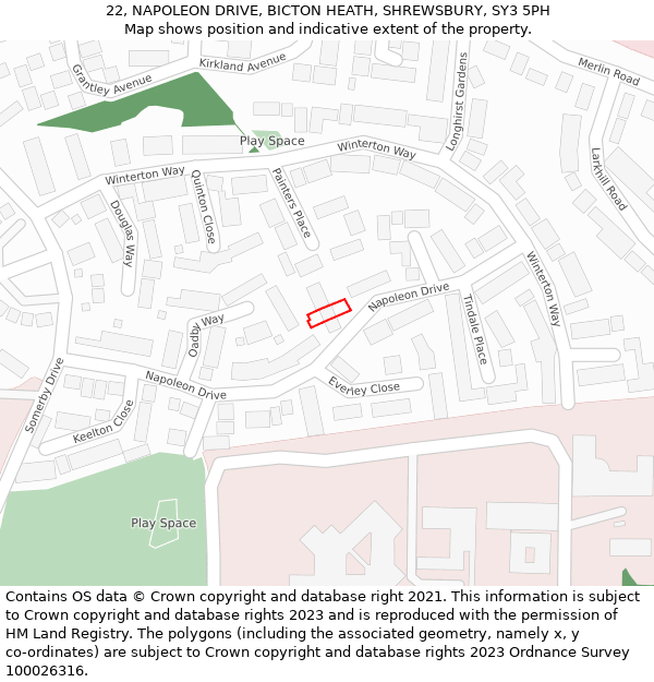 22, NAPOLEON DRIVE, BICTON HEATH, SHREWSBURY, SY3 5PH: Location map and indicative extent of plot