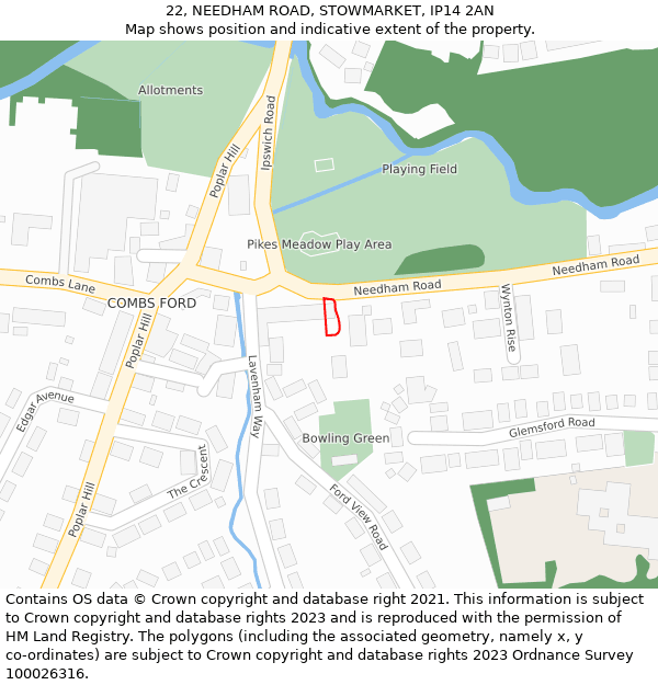 22, NEEDHAM ROAD, STOWMARKET, IP14 2AN: Location map and indicative extent of plot