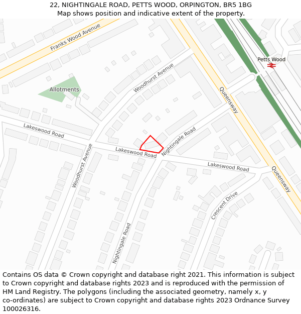 22, NIGHTINGALE ROAD, PETTS WOOD, ORPINGTON, BR5 1BG: Location map and indicative extent of plot