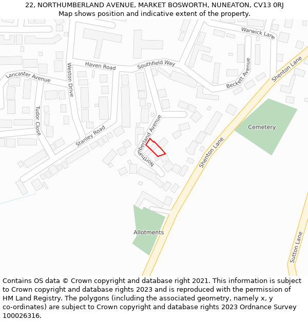 22, NORTHUMBERLAND AVENUE, MARKET BOSWORTH, NUNEATON, CV13 0RJ: Location map and indicative extent of plot