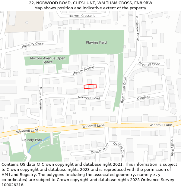 22, NORWOOD ROAD, CHESHUNT, WALTHAM CROSS, EN8 9RW: Location map and indicative extent of plot
