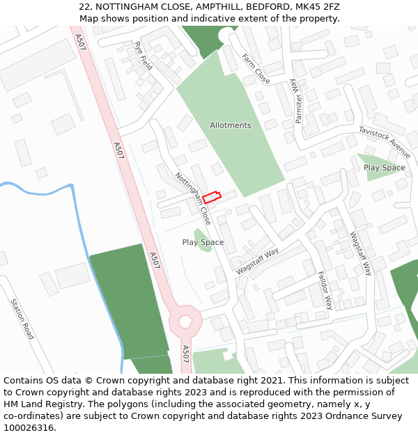 22, NOTTINGHAM CLOSE, AMPTHILL, BEDFORD, MK45 2FZ: Location map and indicative extent of plot