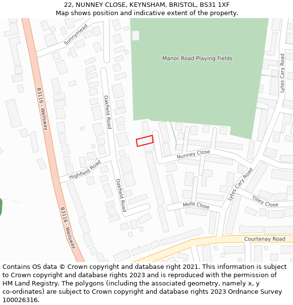 22, NUNNEY CLOSE, KEYNSHAM, BRISTOL, BS31 1XF: Location map and indicative extent of plot