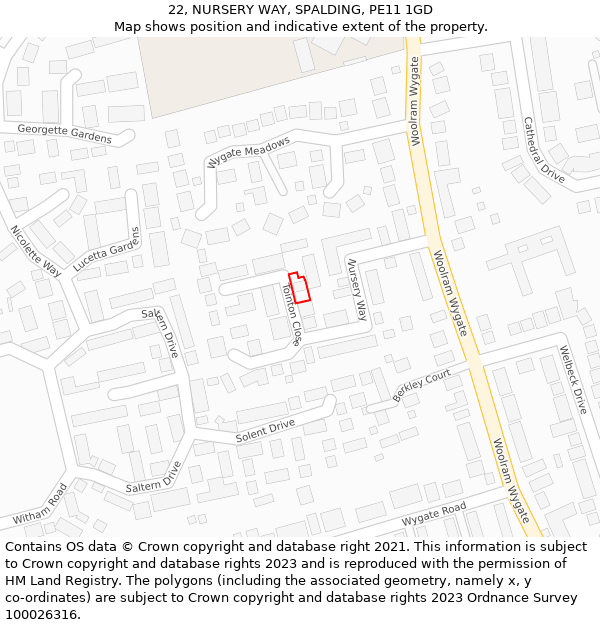 22, NURSERY WAY, SPALDING, PE11 1GD: Location map and indicative extent of plot