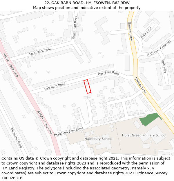 22, OAK BARN ROAD, HALESOWEN, B62 9DW: Location map and indicative extent of plot