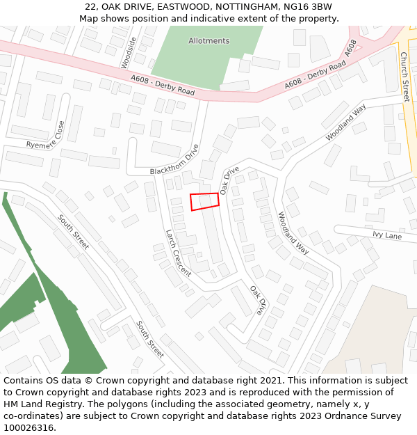 22, OAK DRIVE, EASTWOOD, NOTTINGHAM, NG16 3BW: Location map and indicative extent of plot