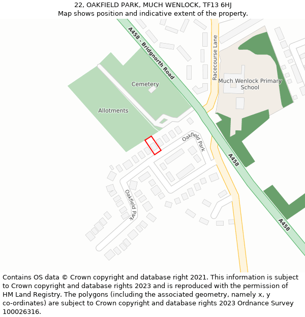 22, OAKFIELD PARK, MUCH WENLOCK, TF13 6HJ: Location map and indicative extent of plot