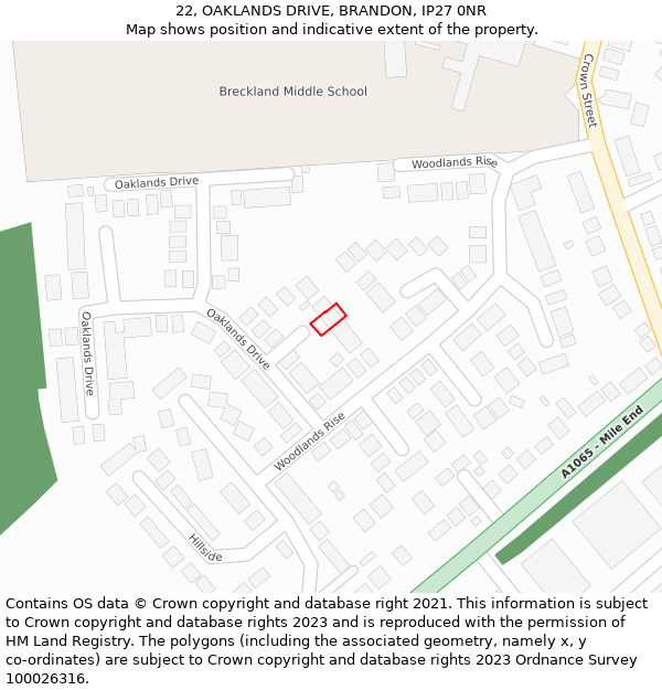 22, OAKLANDS DRIVE, BRANDON, IP27 0NR: Location map and indicative extent of plot