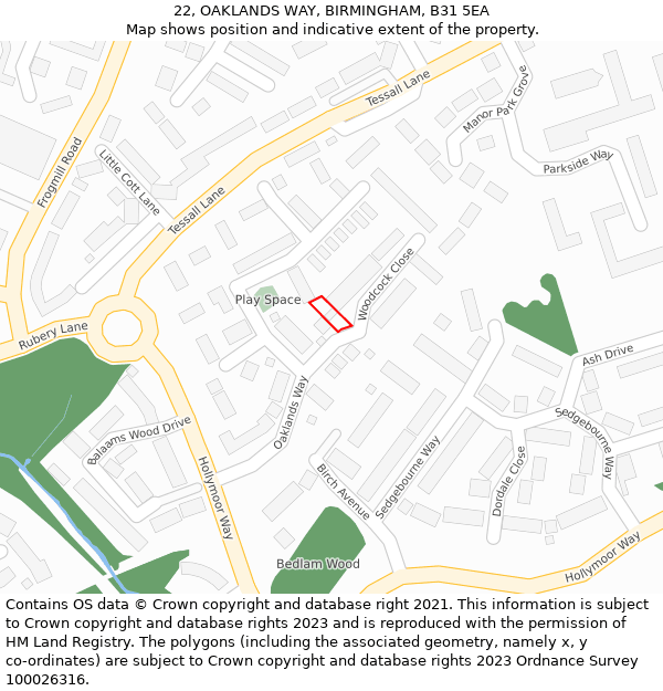 22, OAKLANDS WAY, BIRMINGHAM, B31 5EA: Location map and indicative extent of plot