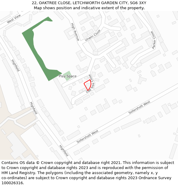 22, OAKTREE CLOSE, LETCHWORTH GARDEN CITY, SG6 3XY: Location map and indicative extent of plot