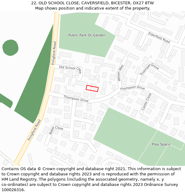 22, OLD SCHOOL CLOSE, CAVERSFIELD, BICESTER, OX27 8TW: Location map and indicative extent of plot