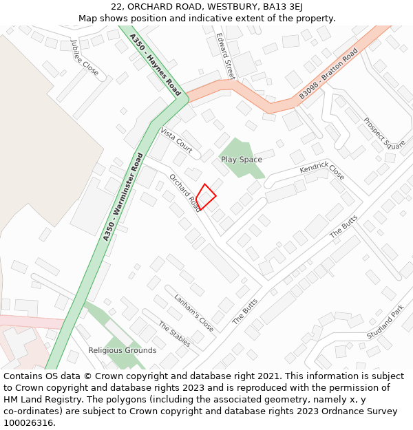 22, ORCHARD ROAD, WESTBURY, BA13 3EJ: Location map and indicative extent of plot