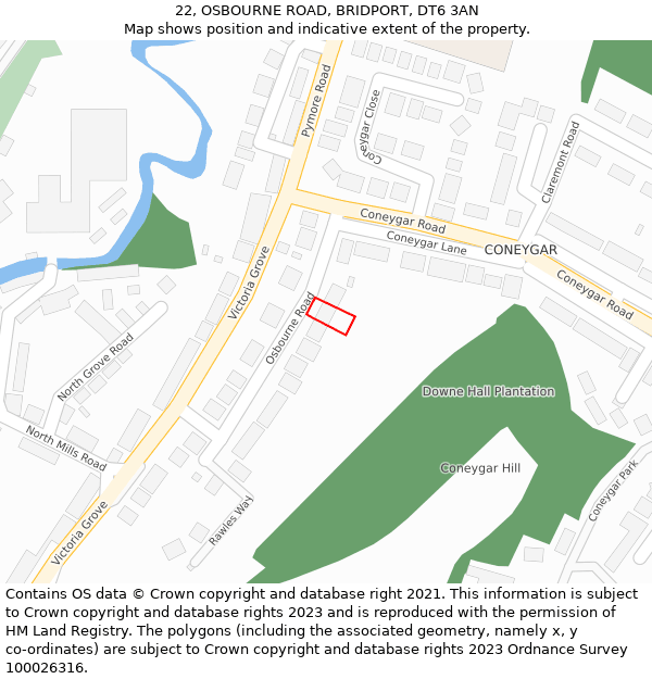 22, OSBOURNE ROAD, BRIDPORT, DT6 3AN: Location map and indicative extent of plot
