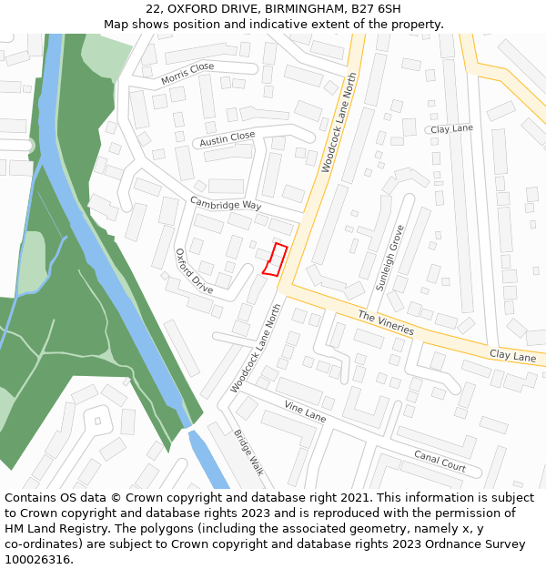 22, OXFORD DRIVE, BIRMINGHAM, B27 6SH: Location map and indicative extent of plot