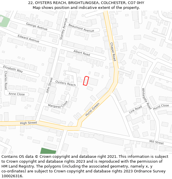 22, OYSTERS REACH, BRIGHTLINGSEA, COLCHESTER, CO7 0HY: Location map and indicative extent of plot